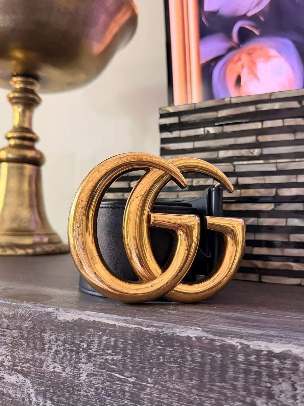 Gucci Black Leather Belt with Gold Double G Buckle (jumbo) AUTHENTIC